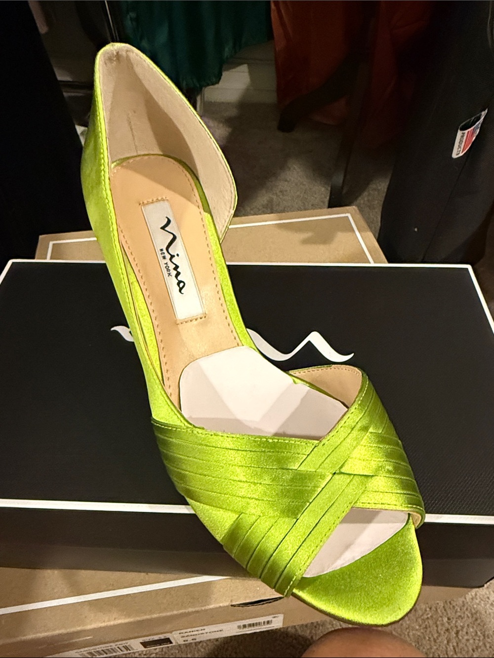 Nina Neon Green Satin Crossover Peep-Toe Pump